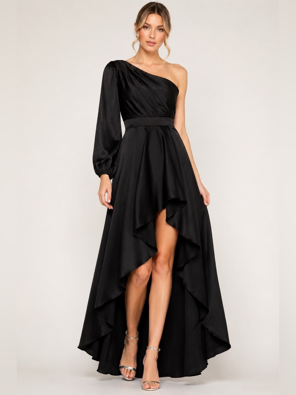 Mac Duggal elegant One Shoulder High Low Black Evening Dress Size 2 style 49141‎